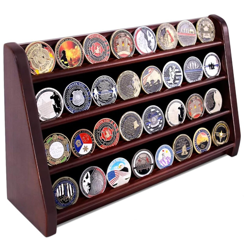 ASmileIndeep 4 Rows Military Wooden Challenge Coin Display Case - Wall Mountable Army Holder Stand Rack, Holds 32 Coins, Mahogany - Image 1